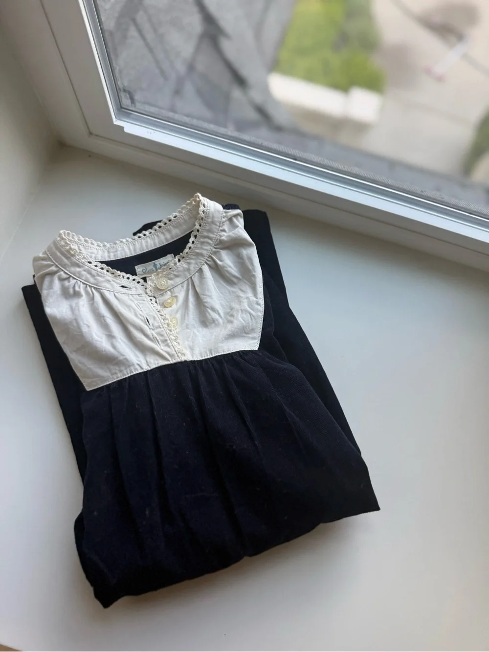 Classic Navy Long-Sleeve Dress with White Bib Detail